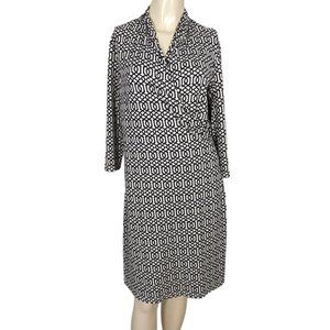 J. McLaughlin‎ 3/4 sleeve black cream abstract faux wrap dress M